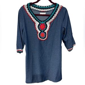 LAND R FASHION DENIM DRESS CROCHETED TRIM FLOWERS TIE BELT RESORT BOHO BLUE M